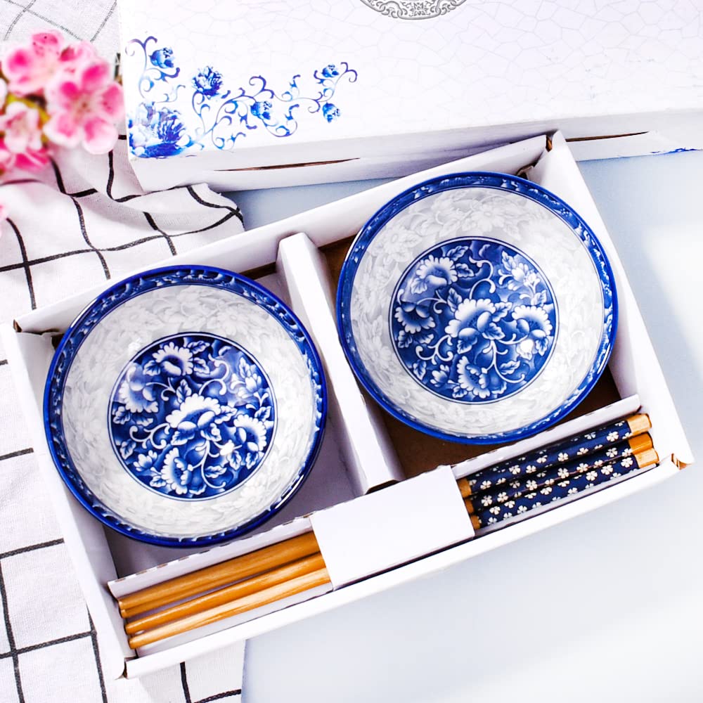 Ceramic Rice Bowls And Chopsticks Set Of 2, Chinese Porcelain Rice Bowls With Delicate Box For Rice Soup(2)